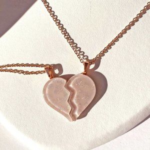 Blush Glass Broken Heart Necklace, Rose Gold Friendship Necklace, Glass Pendant
